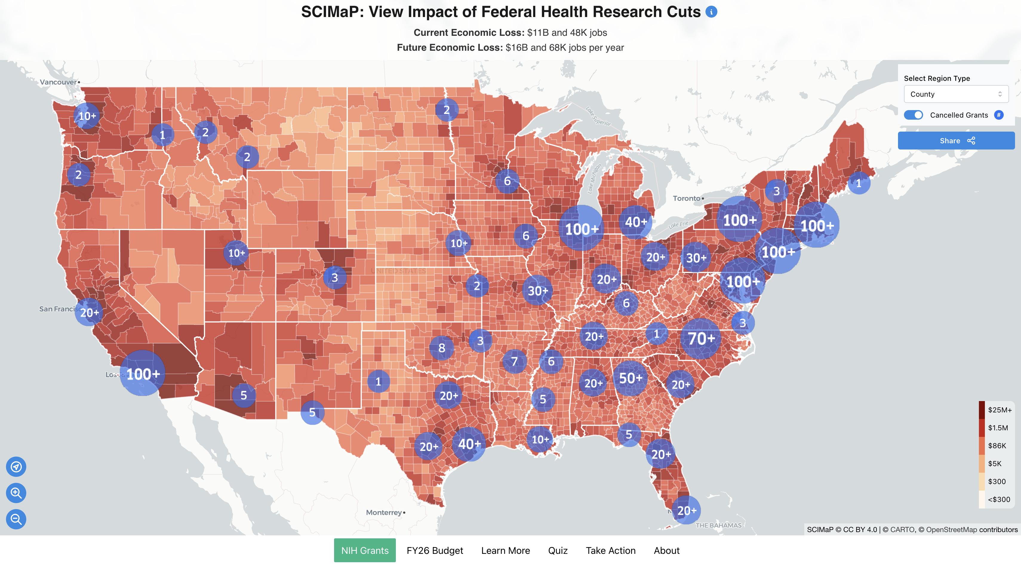 Map of ongoing impacts due to NIH terminated grants&nbsp;and projected losses via proposed research infrastructure cuts (captured from the SCIMaP.org website on 09-10-2025).